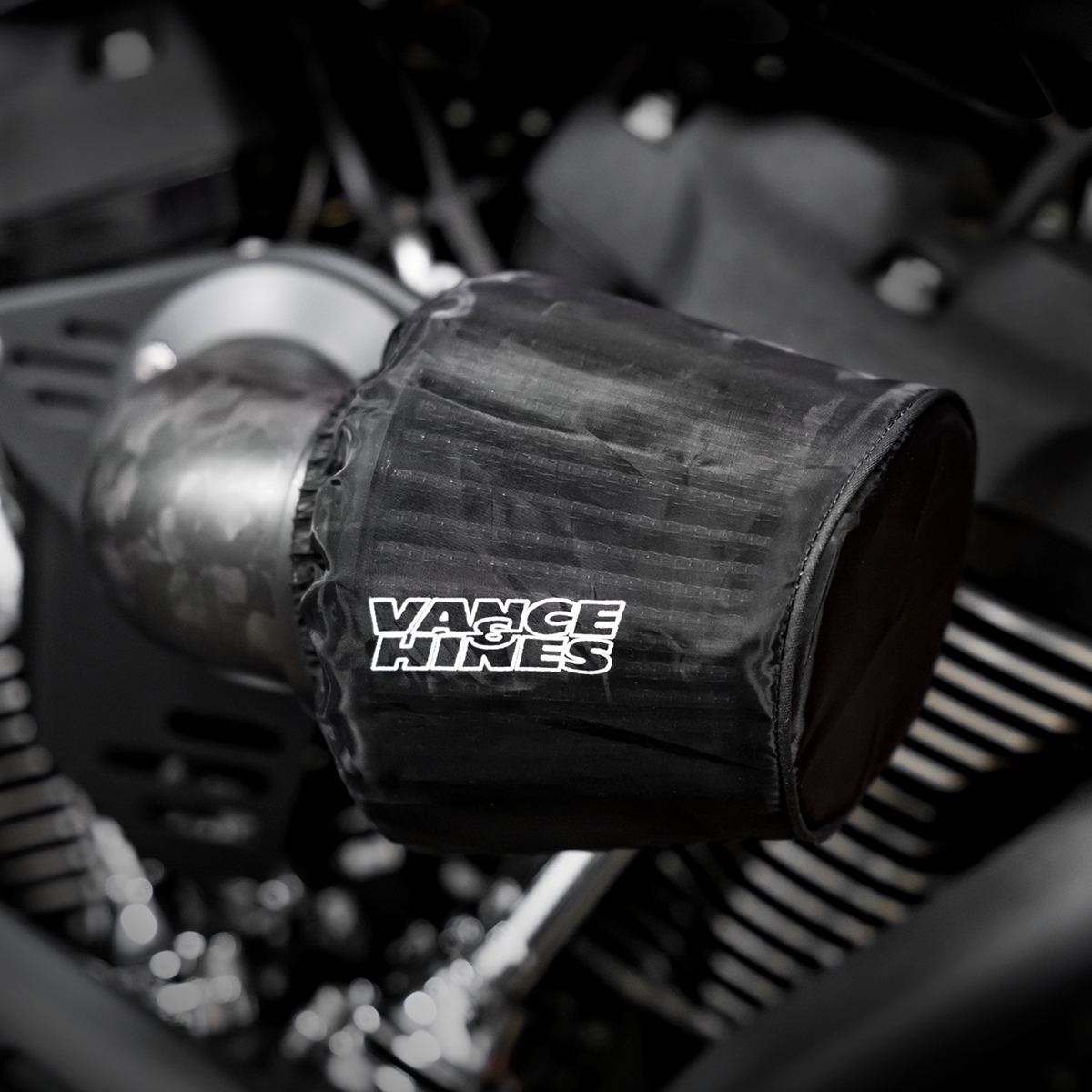 VANCE & HINES VO2 Rain Sock for Falcon and 90° Air Intake, part #22930, shown covering the intake components on a motorcycle