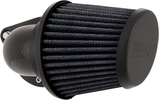 Vance & Hines VO2 Falcon air intake kit with woven carbon fiber finish for motorcycle engine performance.