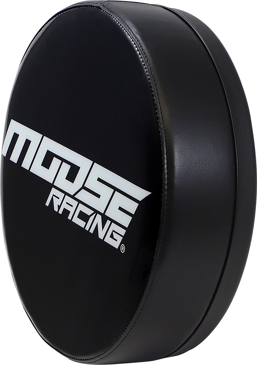 Black and white Moose Offroad Bar Stool with Moose Racing branding, featuring a sturdy design and padded seat for comfort.