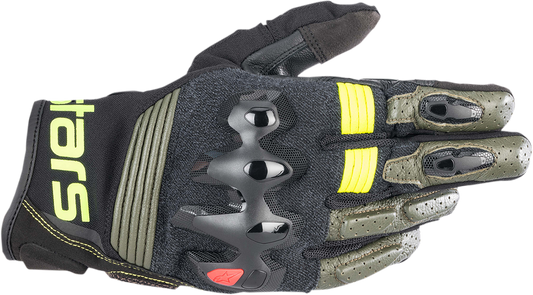 Alpinestars Halo Gloves in Forest Black and Fluo Yellow, large size, featuring protective padding and breathable fabric.