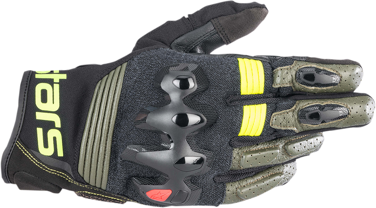 Alpinestars Halo motorcycle gloves in Forest Black and Fluo Yellow, size 2XL, featuring protective padding and breathable fabric.