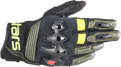 Alpinestars Halo Gloves in Forest Black and Fluo Yellow, 3XL, featuring durable construction and advanced off-road motorcycle protection.
