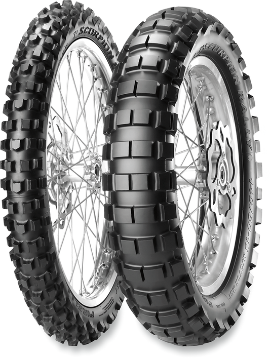PIRELLI Scorpion™ Rally front tire 90/90-21 off-road motorcycle tire with rugged tread pattern for adventure riding.