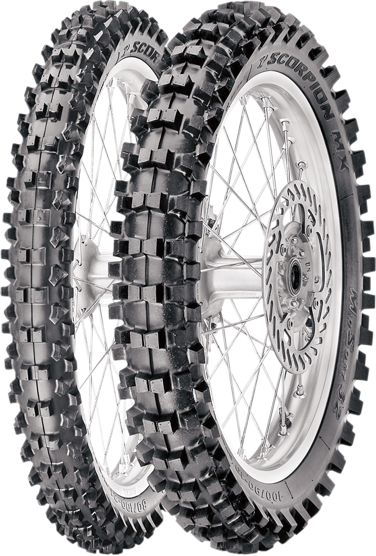 PIRELLI Scorpion MX32 Mid Soft front motorcycle tire 70/100-17 for off-road riding, featuring rugged tread pattern.