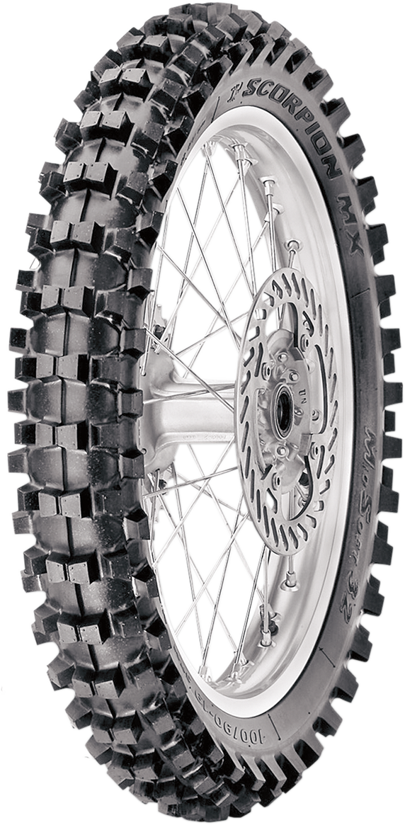 Pirelli Scorpion MX32 Mid Soft front motorcycle tire 60/100-12 with enhanced traction and durability for off-road riding.