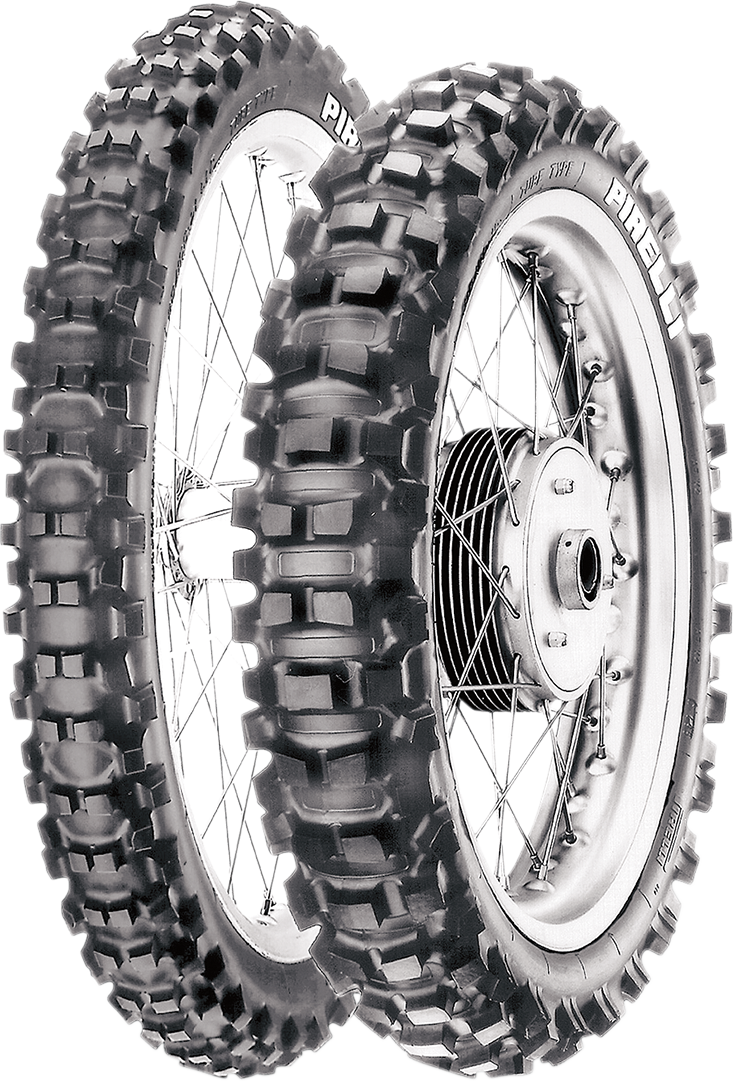 PIRELLI Scorpion™ XC Mid Hard rear tire with 100/100-18 size, rugged off-road motorcycle tire for trail riding.