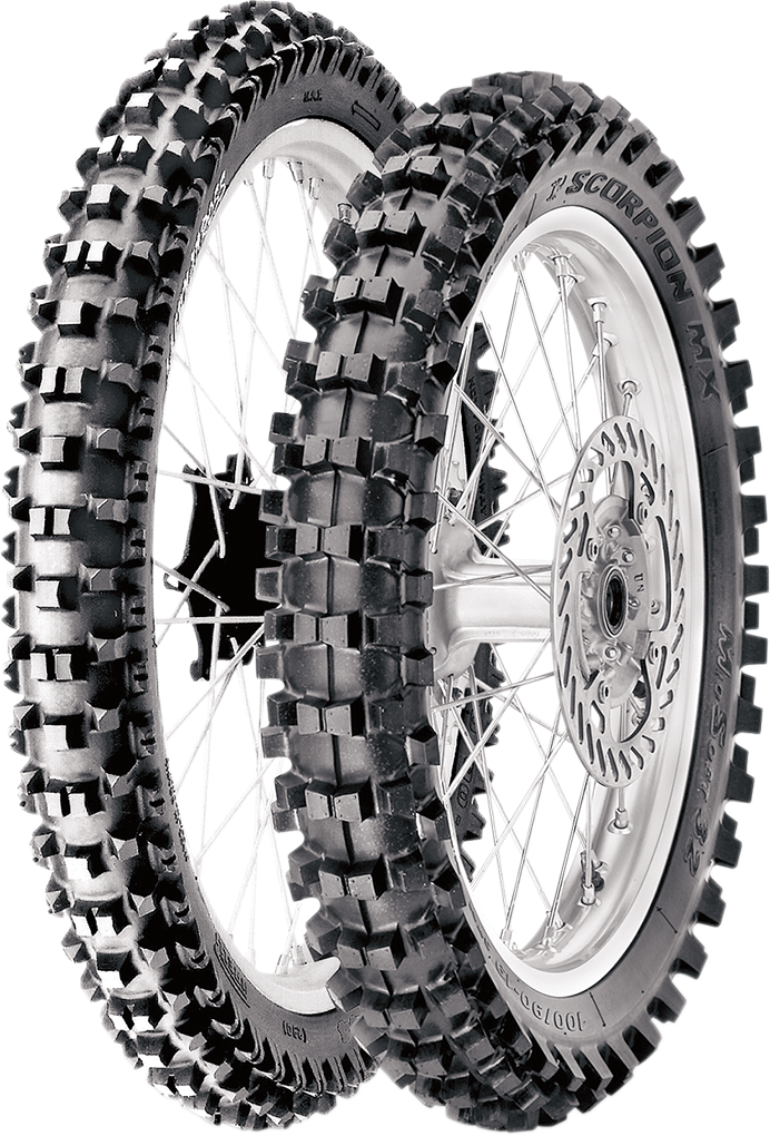 Pirelli Scorpion XC Mid Soft rear off-road motorcycle tire 120/100-18 68M with knobby tread for off-road riding.