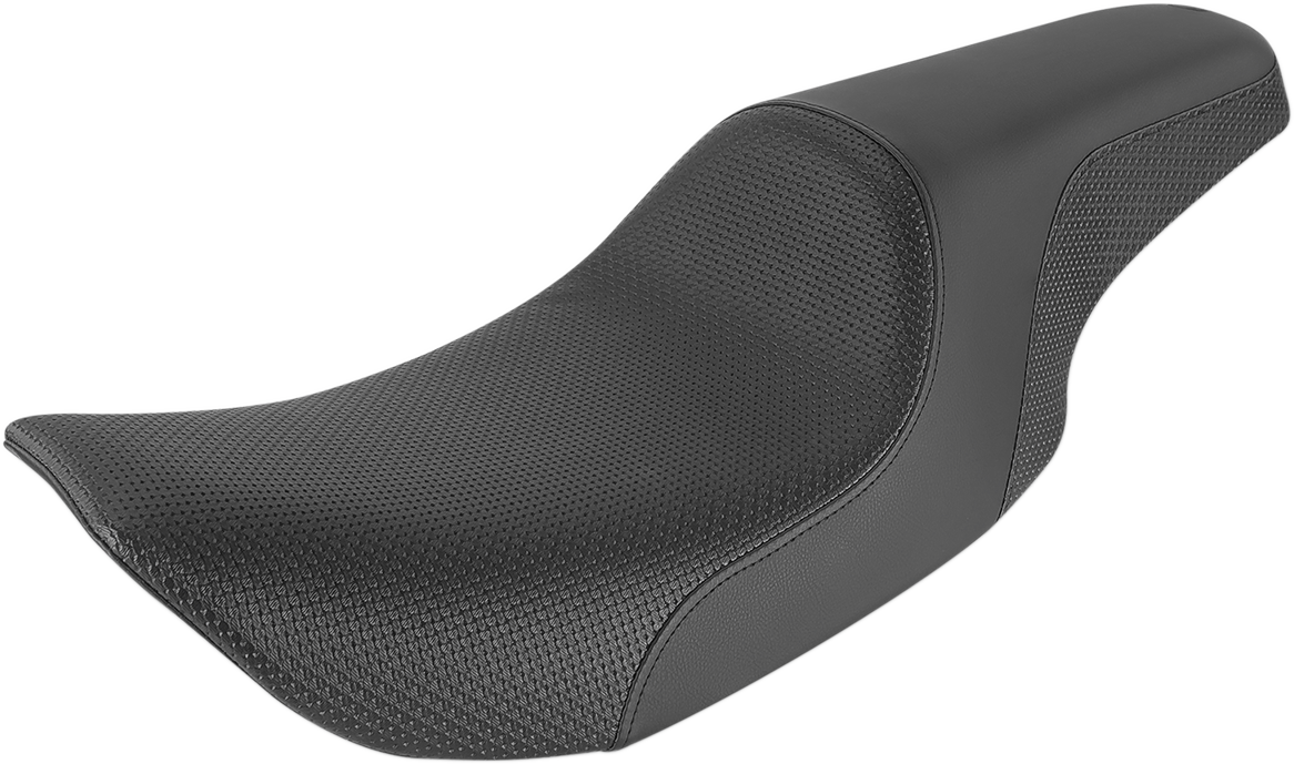 Black SADDLEMEN Profiler Basket-weave motorcycle seat with detailed stitching, designed for comfort and style.