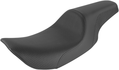 Black SADDLEMEN Profiler Basket-weave motorcycle seat with detailed stitching, designed for comfort and style.
