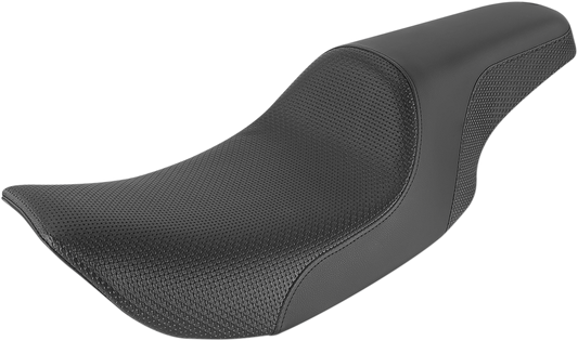Black SADDLEMEN Profiler Basket-weave motorcycle seat with detailed stitching, designed for comfort and style.