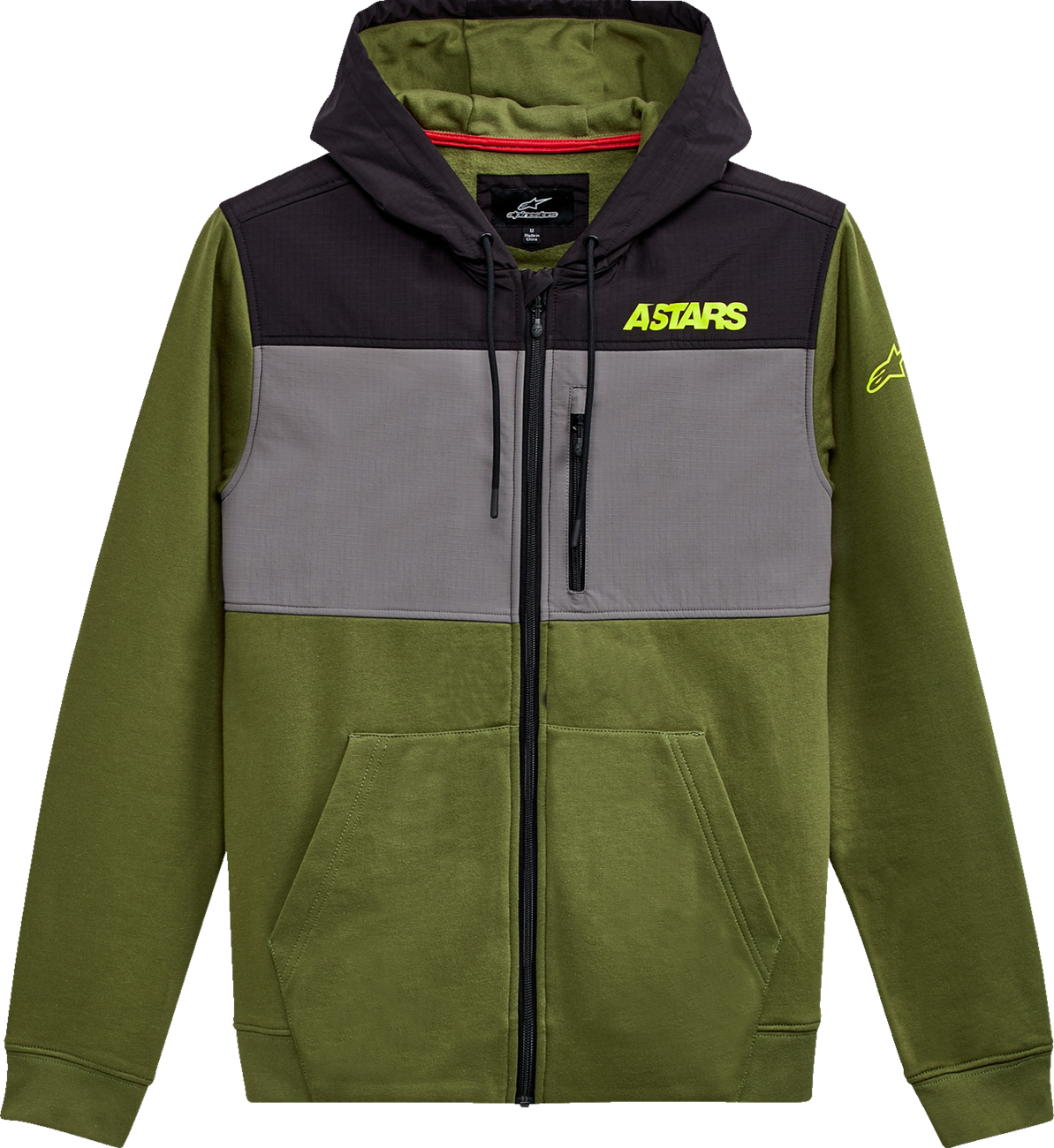 Alpinestars Elevate Olive Jacket in Medium displayed with front view, showcasing its stylish design and durable fabric.