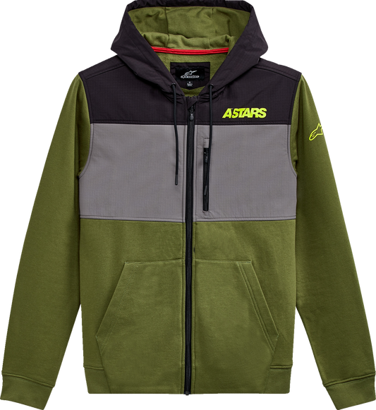 Alpinestars Elevate Olive Jacket in Medium displayed with front view, showcasing its stylish design and durable fabric.