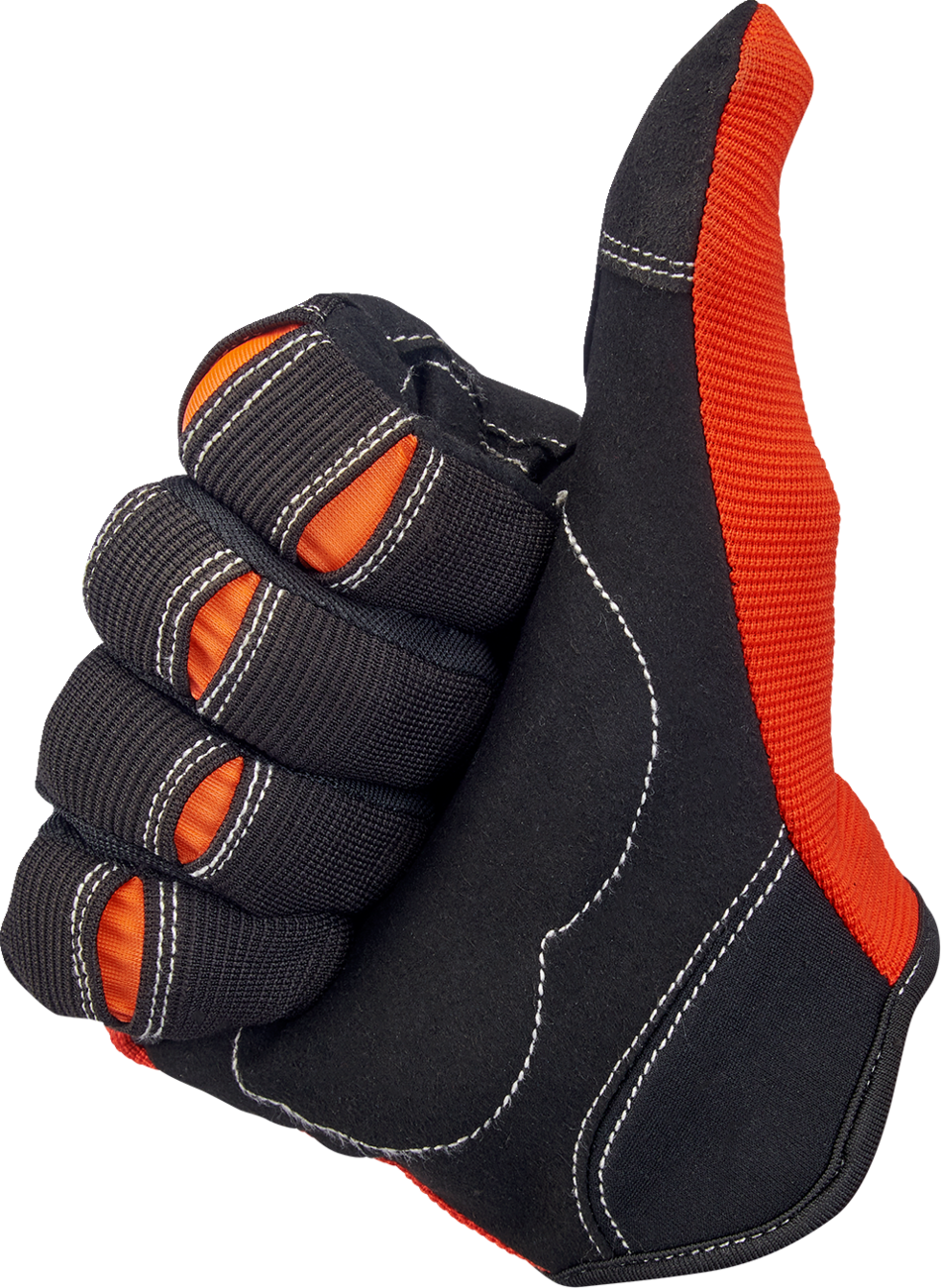 BILTWELL Moto Gloves in orange and black, small size, featuring protective padding and durable leather construction.