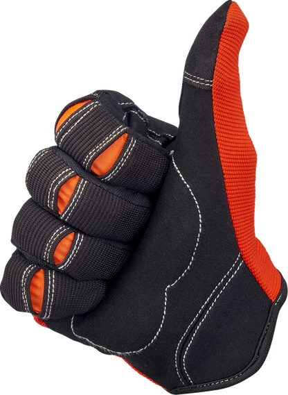 BILTWELL Moto Gloves in orange and black, small size, featuring protective padding and durable leather construction.