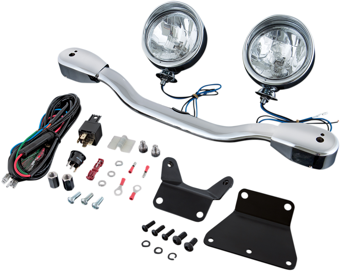 Bill's Exhausts SHOW CHROME driving light kit installed on V-Star 950 engine, showcasing chrome finish and mounting hardware.