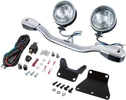 Bill's Exhausts SHOW CHROME driving light kit installed on V-Star 950 engine, showcasing chrome finish and mounting hardware.