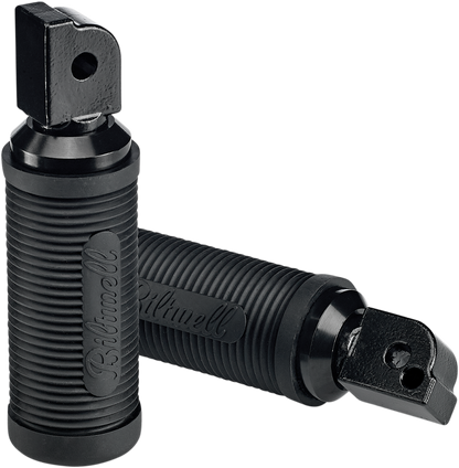 Black BILTWELL Norman Passenger Foot Pegs for Softail motorcycles, featuring durable body construction and stylish design.