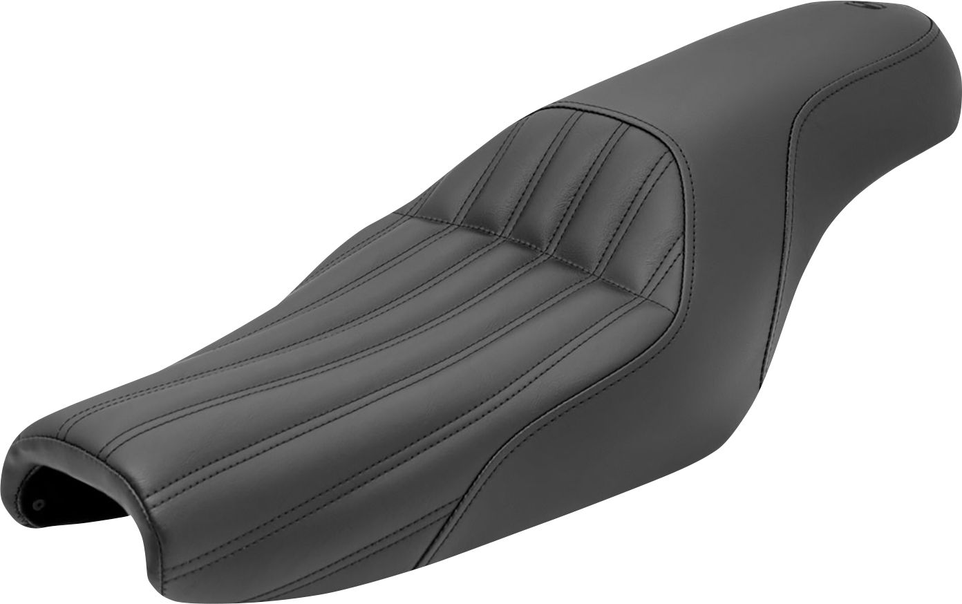 Black SADDLEMEN Knuckle 2-Up Seat with ribbed design for motorcycles, offering comfort and style for rider and passenger.