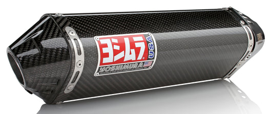 YOSHIMURA street TRC slip-on exhaust with tri-oval SS CF muffler, featuring sleek stainless steel and carbon fiber finish.