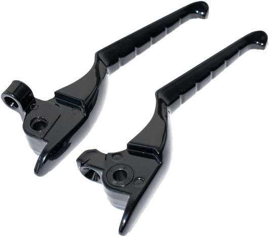 Kuryakyn Enygma levers for Harley-Davidson Touring 2017-2020 in gloss black, showing close-up of handlebar lever set.