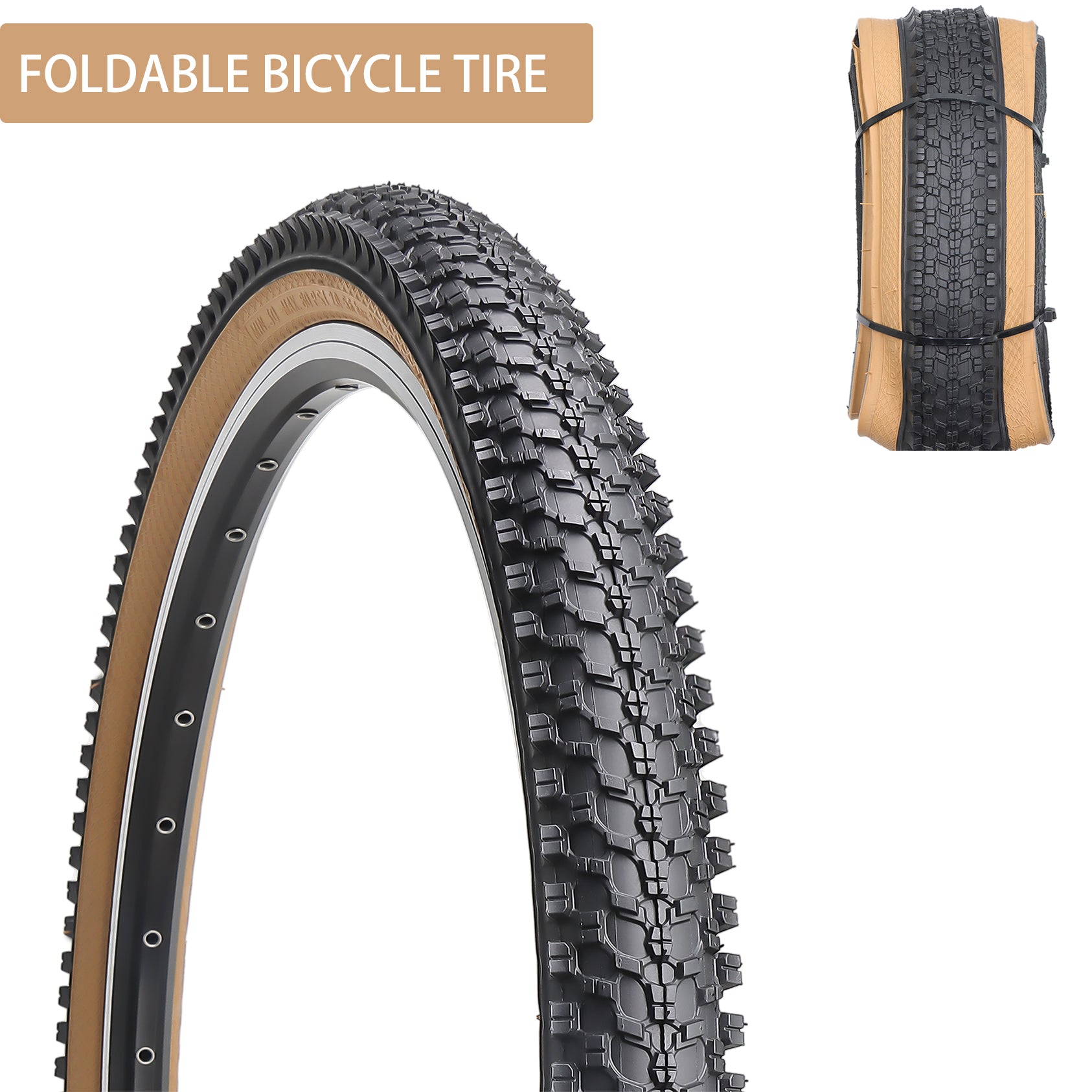 Hycline CrossBand brown mountain bike tire, 26-inch by 1.95-inch, showing tread pattern and sidewall details.