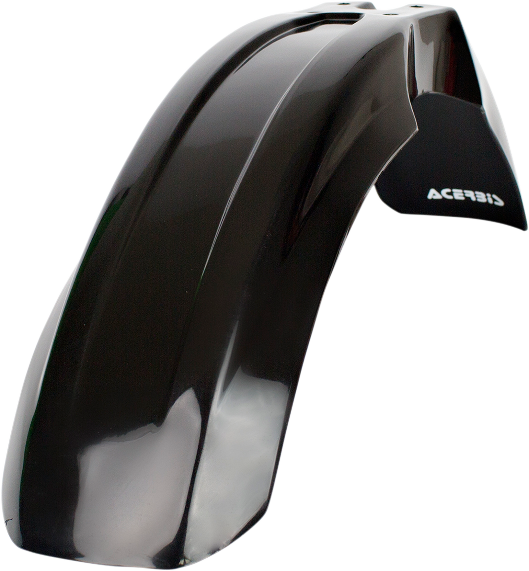 Black ACERBIS front fender mounted on a motorcycle body, showcasing sleek design and durable plastic construction.