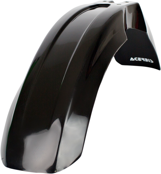 Black ACERBIS front fender mounted on a motorcycle body, showcasing sleek design and durable plastic construction.