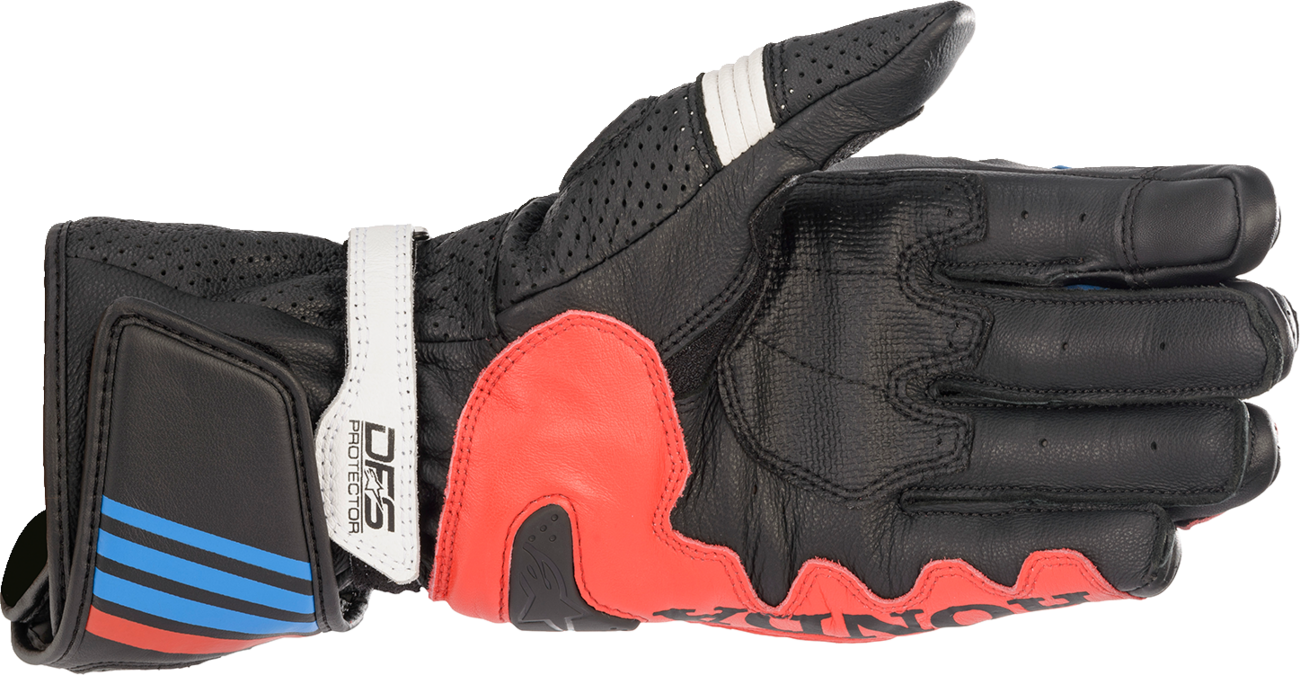 Alpinestars Honda GP Plus R v2 motorcycle gloves in black, bright red, and blue with reinforced knuckles and padded palm.