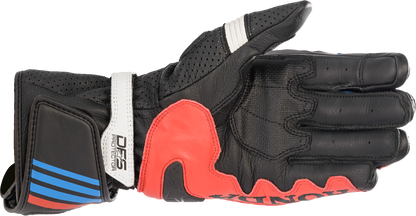 Alpinestars Honda GP Plus R v2 motorcycle gloves in black, bright red, and blue with reinforced knuckles and padded palm.