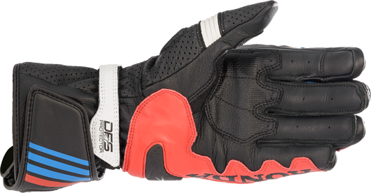 Alpinestars Honda GP Plus R v2 motorcycle gloves in black, bright red, and blue, size large, with protective knuckles and adjustable wrist straps.