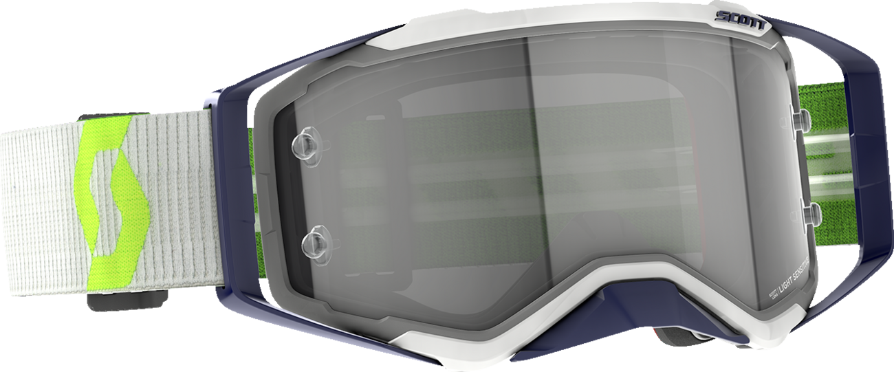 Scott Prospect Light Sensitive Goggles in gray and yellow, designed for engine work, with adjustable strap and protective lenses.