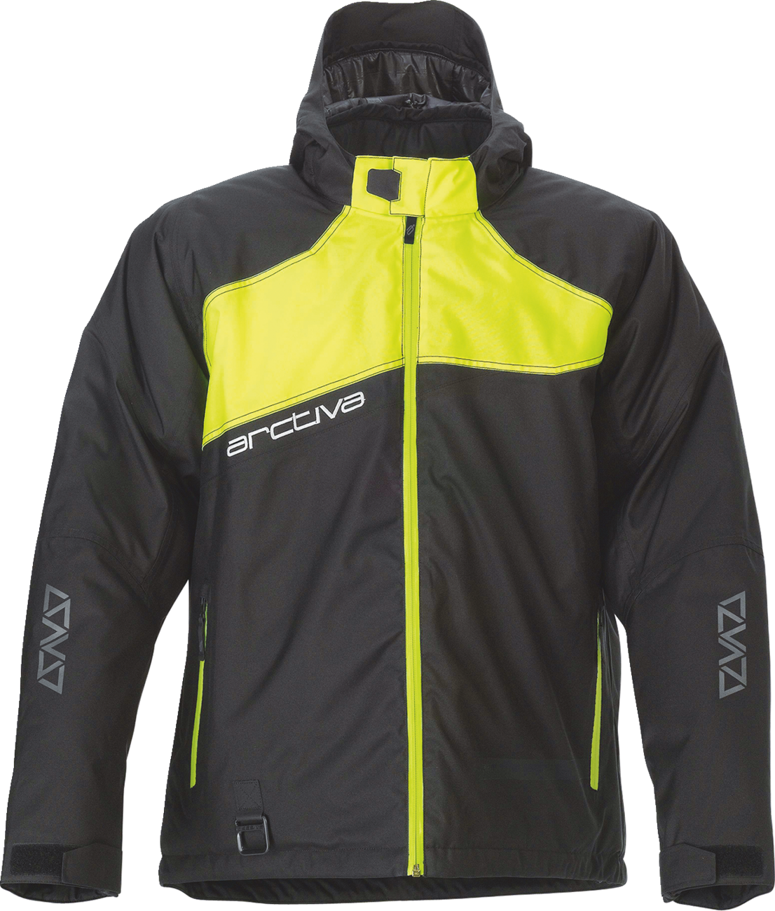 Black and hi-vis Bill's Exhausts ARCTIVA Pivot 5 hooded jacket in XL, featuring a hood, front pockets, and reflective details.