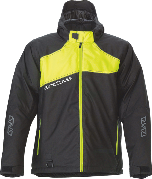 Black and hi-vis Bill's Exhausts ARCTIVA Pivot 5 hooded jacket in XL, featuring a hood, front pockets, and reflective details.
