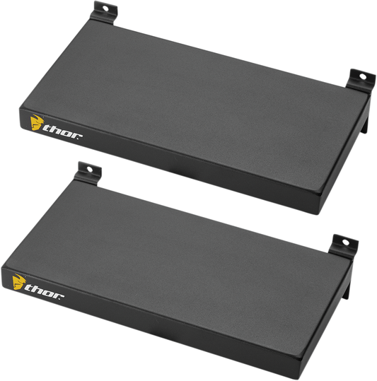 Pair of THOR display shelves for boots, featuring sleek black design and sturdy construction for organized footwear storage.