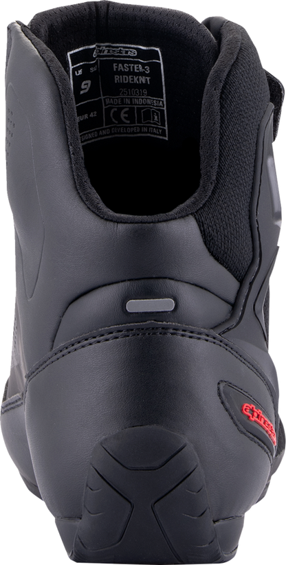 Alpinestars Faster-3 Rideknit® shoes in black, gray, and red with US 12.5 size, showcasing the sporty design and breathable knit material.