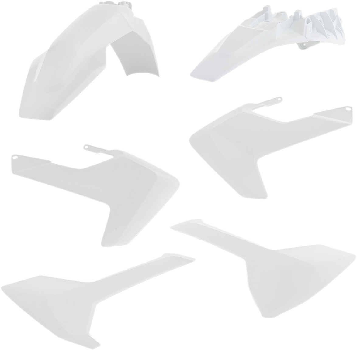 A white Acerbis standard replacement body kit for motorcycles, designed for seamless fit and durable performance.