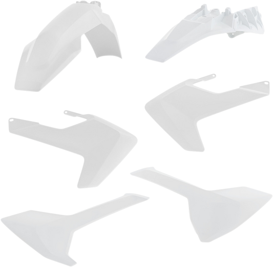 A white Acerbis standard replacement body kit for motorcycles, designed for seamless fit and durable performance.