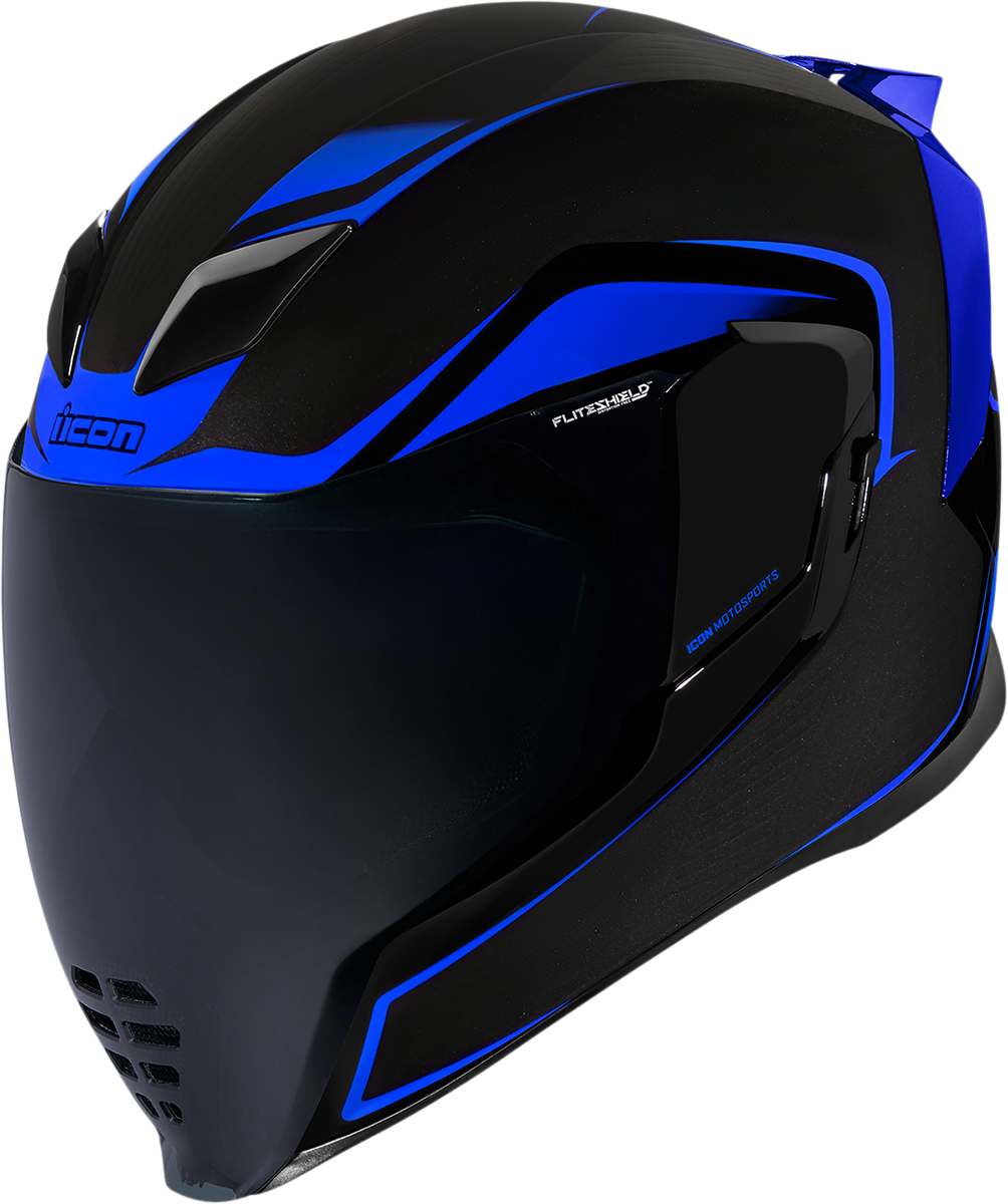 Blue ICON Airflite™ helmet with Crosslink design, large size, featuring sleek aerodynamic shape and clear visor for motorcycle riding.