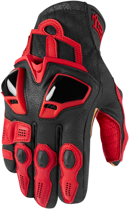 Red ICON Hypersport™ Short Gloves in Medium size, with textured palms and adjustable wrist straps, designed for motorcycle riding.