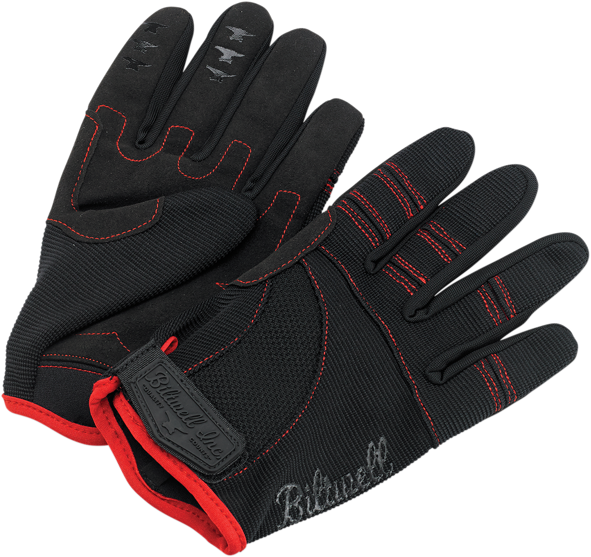 Black and red BILTWELL Moto Gloves in 2XL size, featuring protective knuckles and adjustable wrist straps for motorcycle riding.