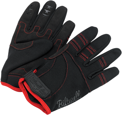 Black and red BILTWELL Moto Gloves in 2XL size, featuring protective knuckles and adjustable wrist straps for motorcycle riding.