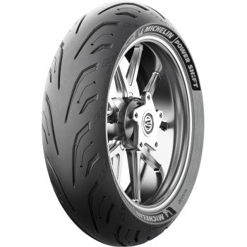 Rear MICHELIN Power Shift motorcycle tire, 160/60R15 size, 67H load rating, showing tread pattern and sidewall details.