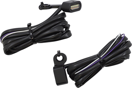 DRAG SPECIALTIES motorcycle marker lights with white daytime running lights and amber turn signals, shown on a motorcycle.