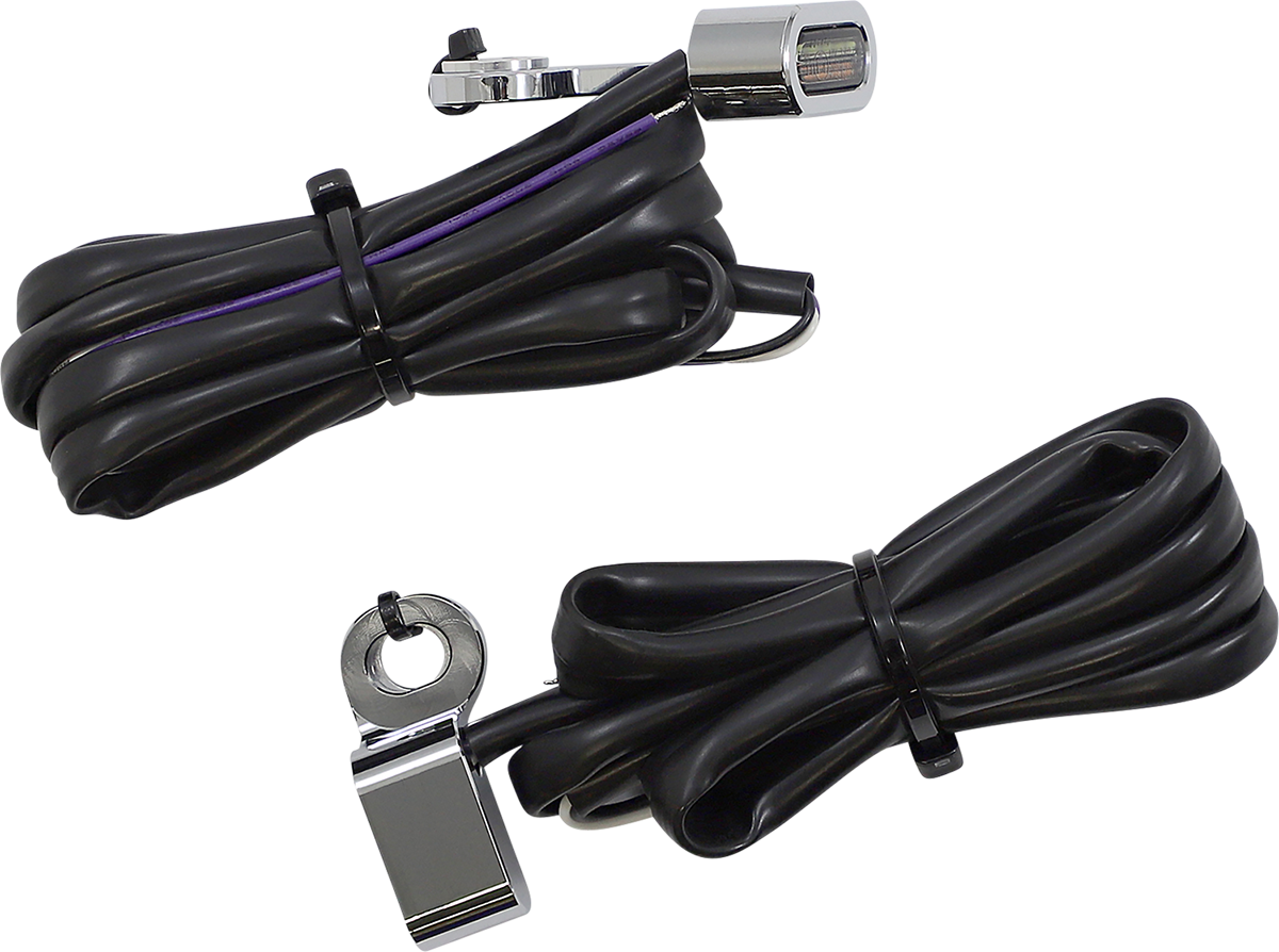 Drag Specialties white and amber marker lights with chrome finish, motorcycle lighting accessories with chrome accents.