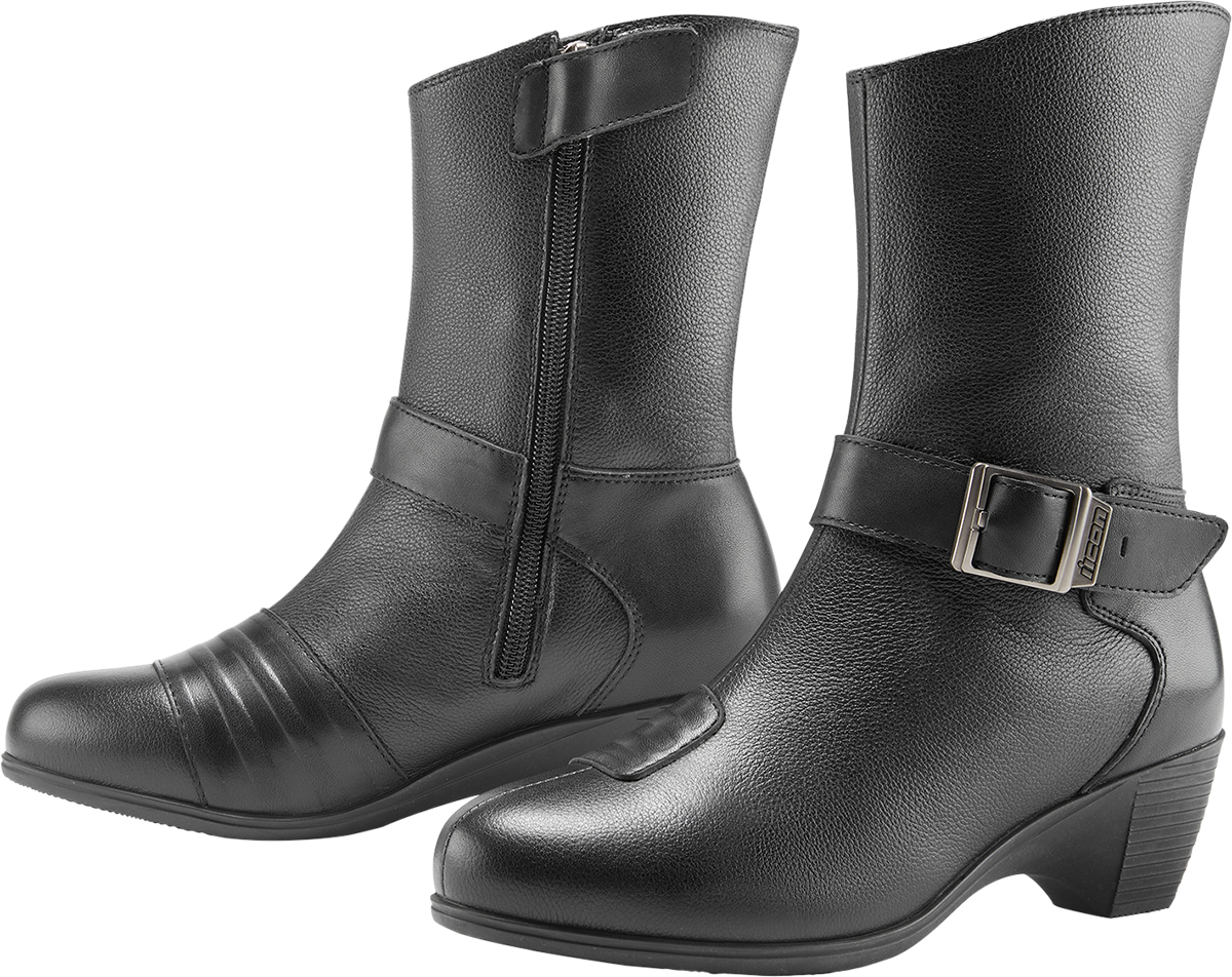 ICON Women's Tuscadero™ Black Boots, US Size 8, featuring sleek leather design and stylish ankle height.