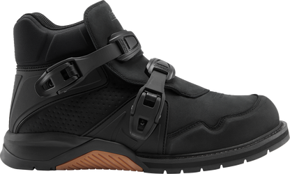 Black ICON Slabtown waterproof boots by Bill's Exhausts, size 7, with sturdy rubber soles and ankle-high design.