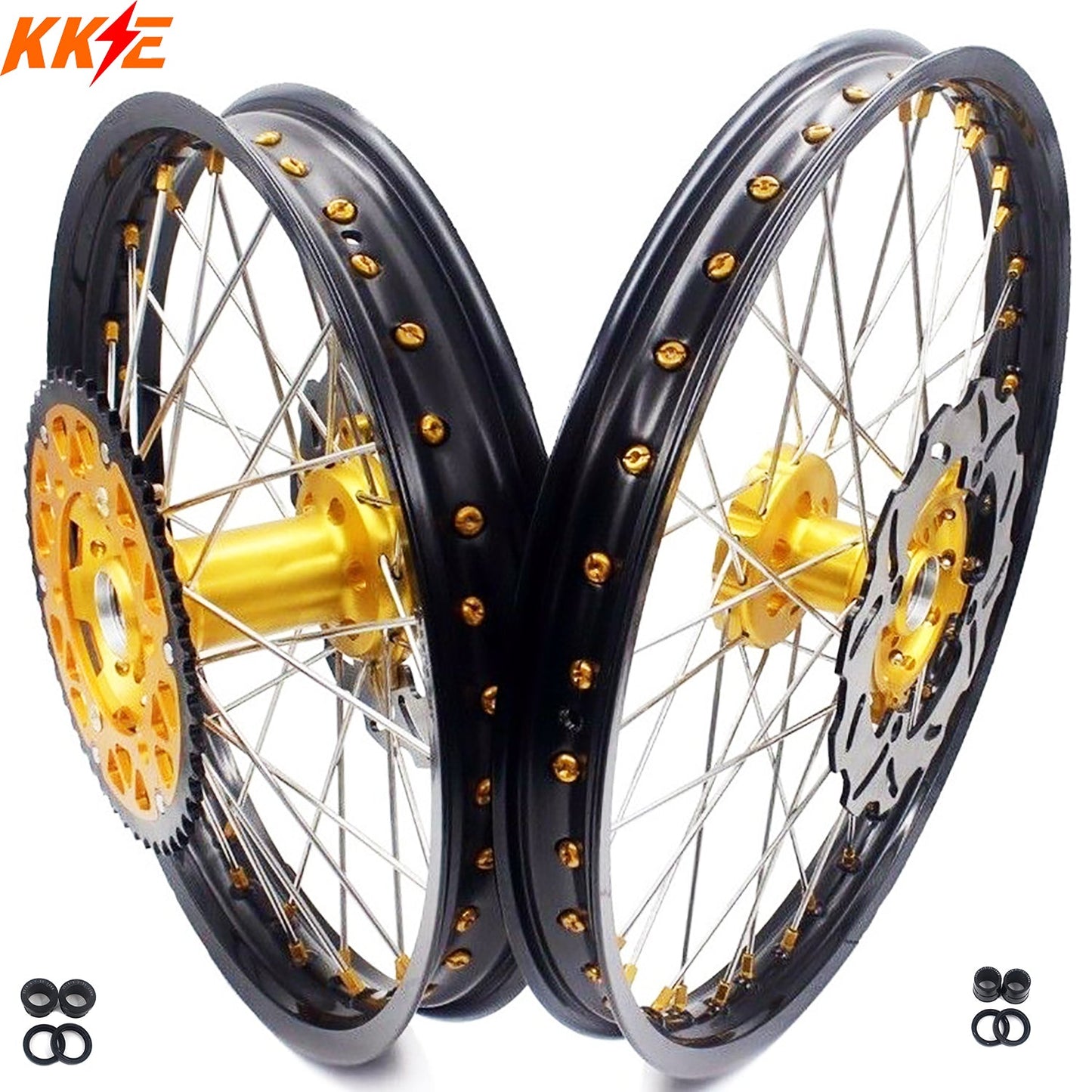 KKE 21 & 19 MX Rims for Suzuki RMZ250 2007-2024 RMZ450 2005-2024 Gold Nipple - Howling Moto
