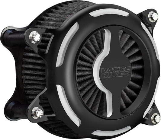 Black Vance & Hines VO2 Blade Air Intake for motorcycles, featuring a sleek, wrinkle finish design.