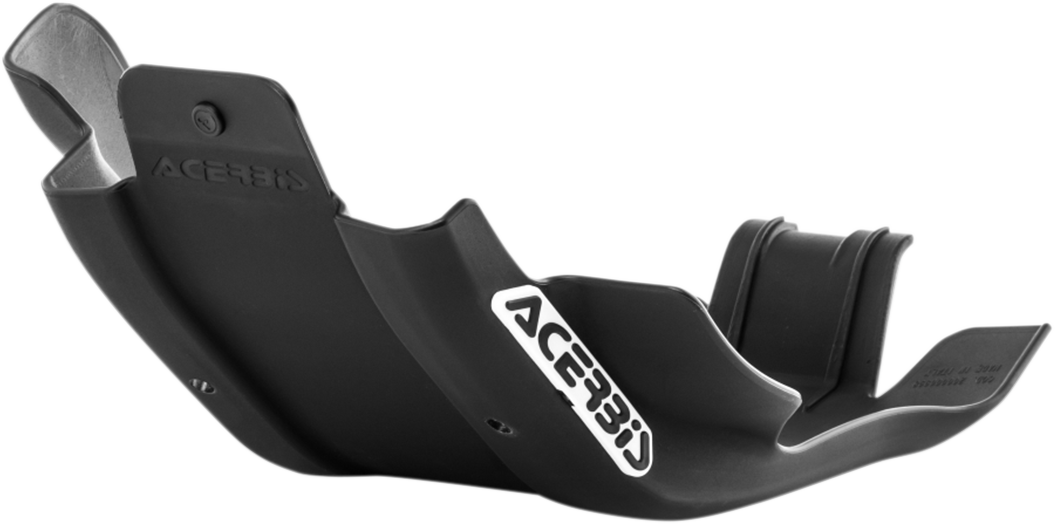Black Acerbis skid plate for Husqvarna and KTM bikes, designed to protect the motorcycle's body and frame during off-road riding.