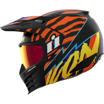 Orange ICON Elsinore™ helmet in 2XL size with Rad Dawn design, featuring a sleek motorcycle helmet with ventilation and bold graphics.